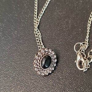 20IN Silver Tone Oval Pendant Necklace Black Insert